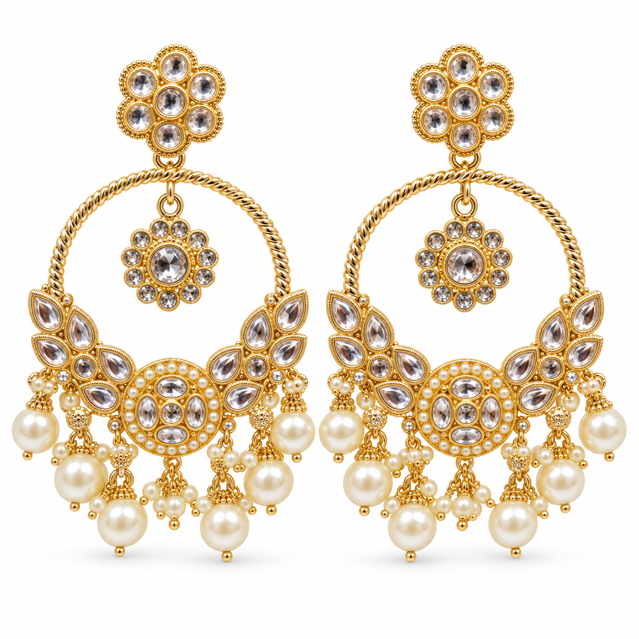 gold floral hoops with pearl fringe gold floral hoops with pearl fringe