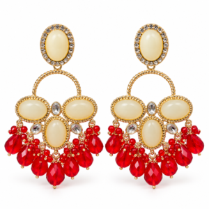 ivory cabochon red fringe earrings 1