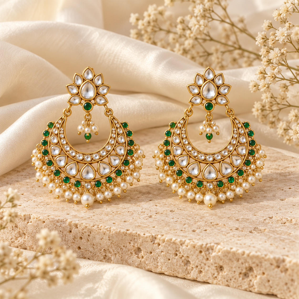 kundan chandbali earrings on ivory silk
