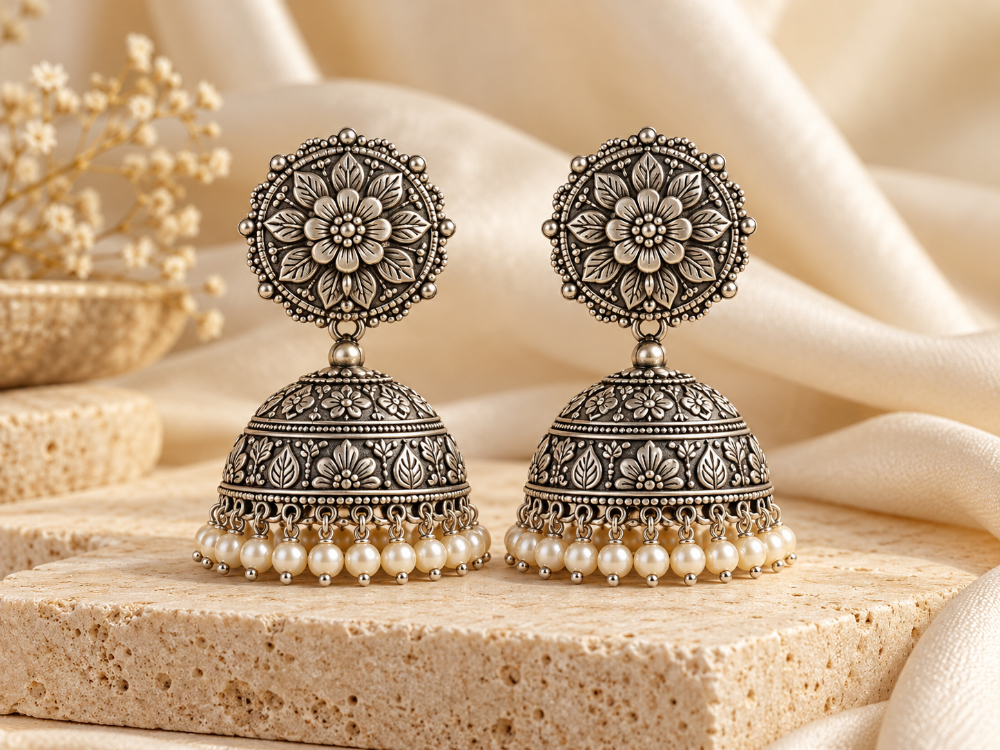 oxidized silver jhumkas on travertine