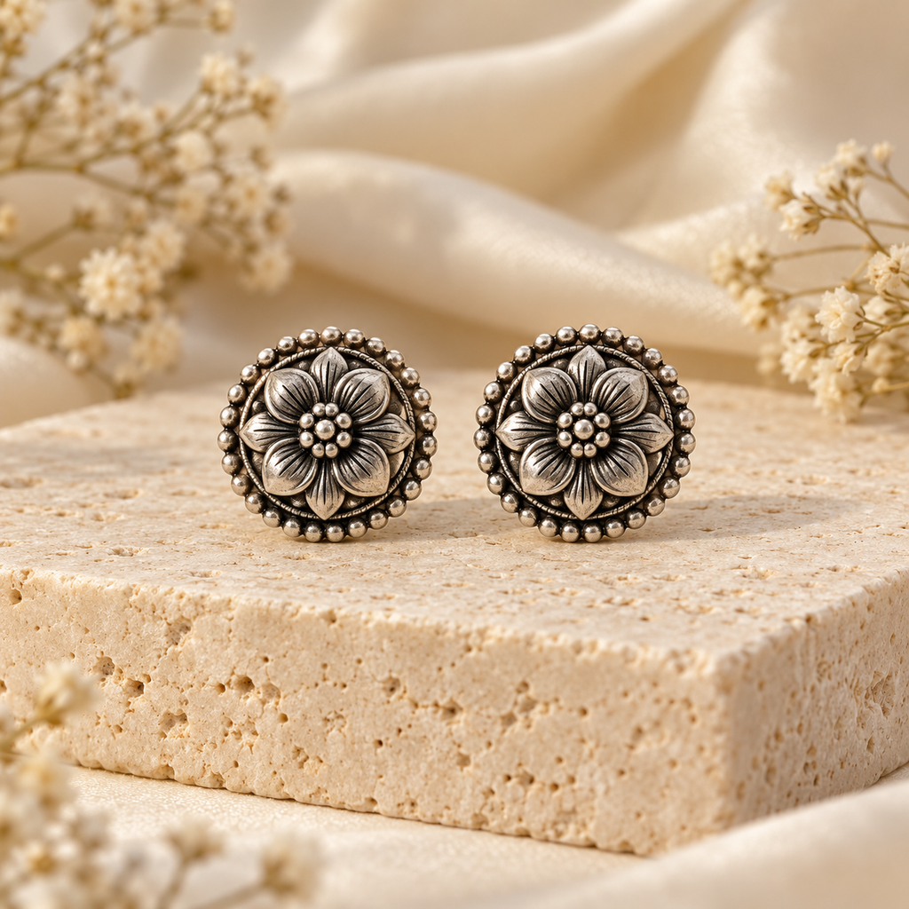 oxidized silver floral stud earrings