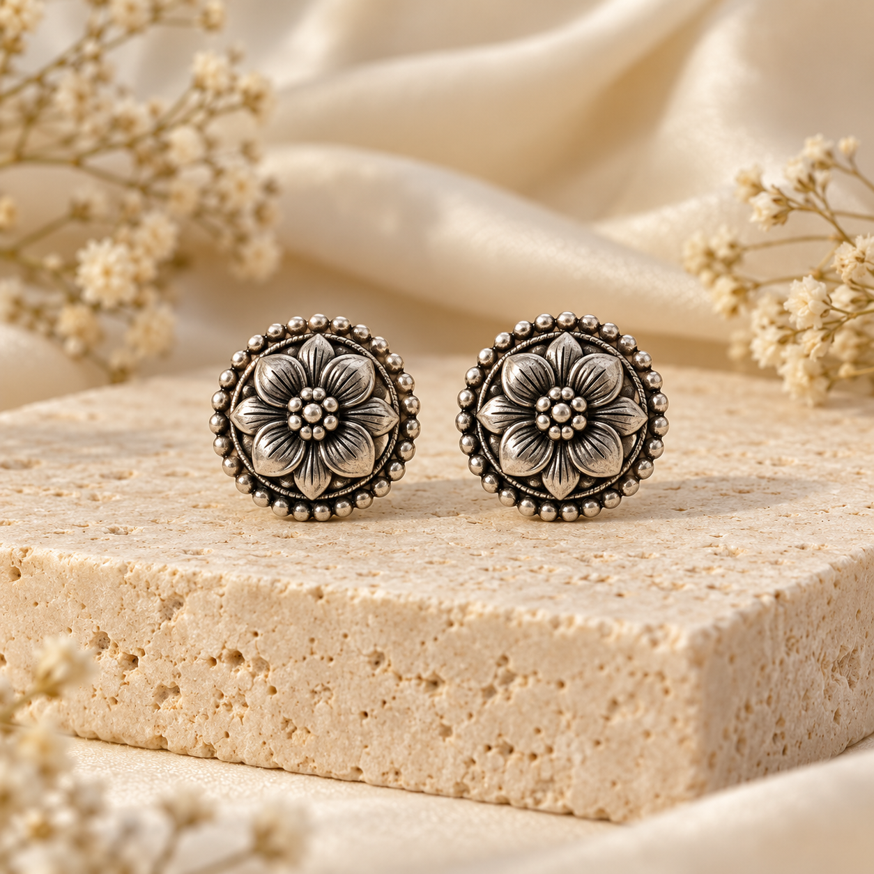 oxidized silver floral stud earrings