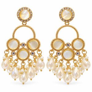 pearlescent gold hoop earrings with beaded fringe