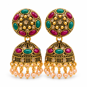 ruby and teal antique jhumka earrings