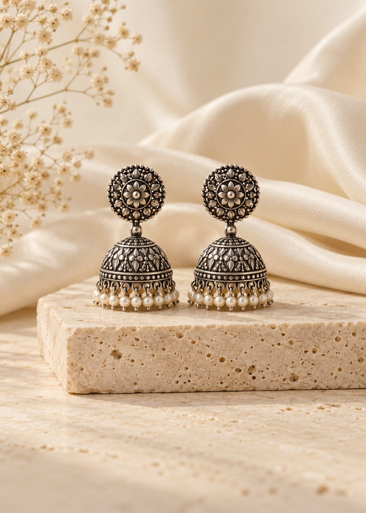 traditional oxidized silver jhumka pair